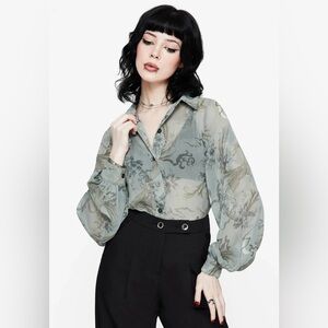 Disturbia Sage Green Sheer Floral Button-Up Blouse - Sz 18